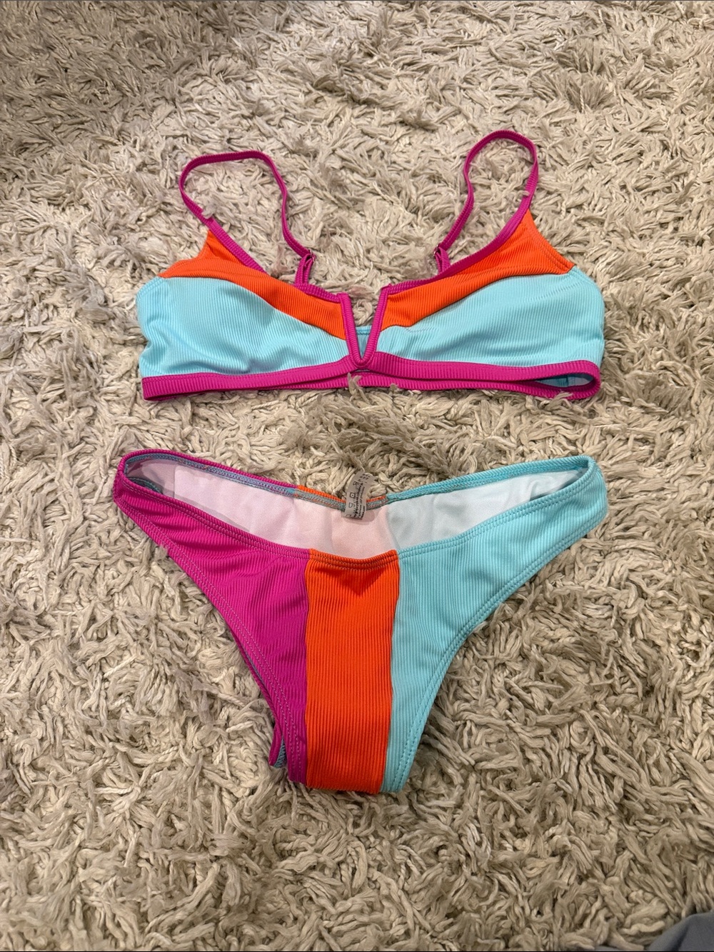 Zaful Colorblock Ribbed Swim Top in Pink, Orange & Light Blue